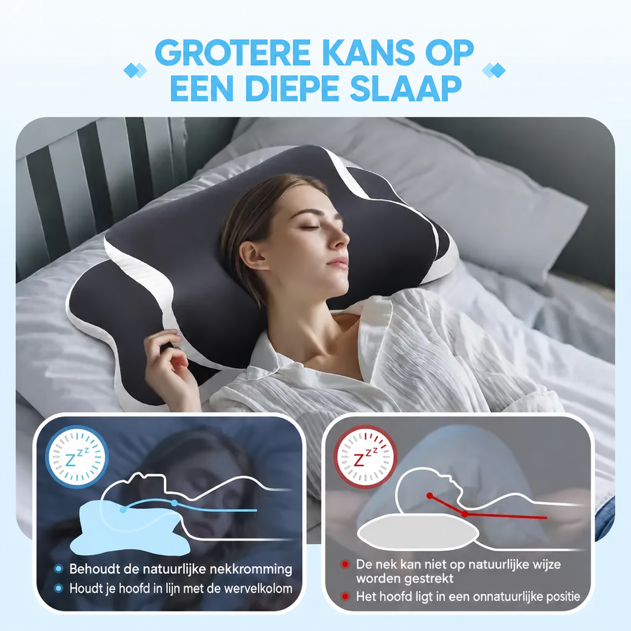 Vrouw slaapt op het vlinderkussen, vergelijking van nekhouding met en zonder ergonomisch kussen