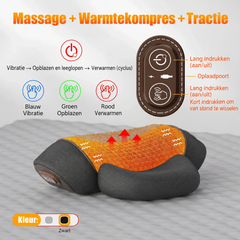 Nekmassagekussen 3-in-1 met warmte, vibratie en tractie, en de bedieningsknoppen uitgelegd