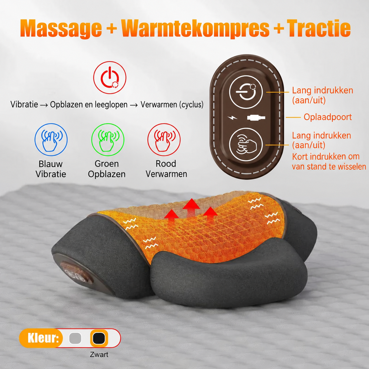 Nekmassagekussen 3-in-1 met warmte, vibratie en tractie, en de bedieningsknoppen uitgelegd