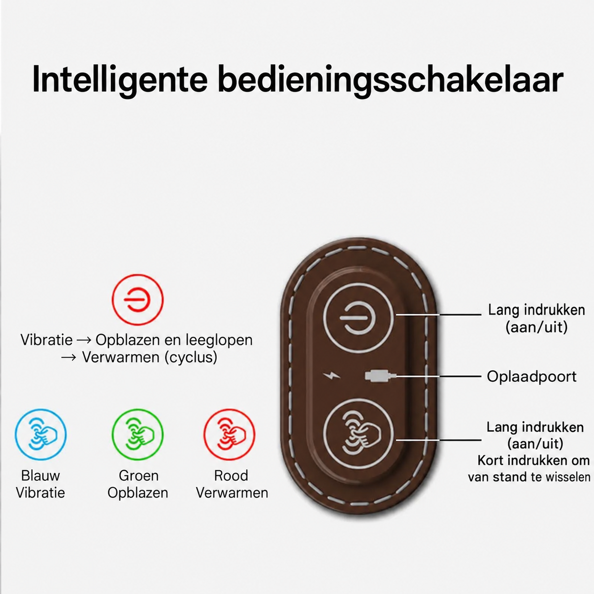 Bedieningsschakelaar van het nekmassagekussen met aan/uit-knop, oplaadpoort en standen