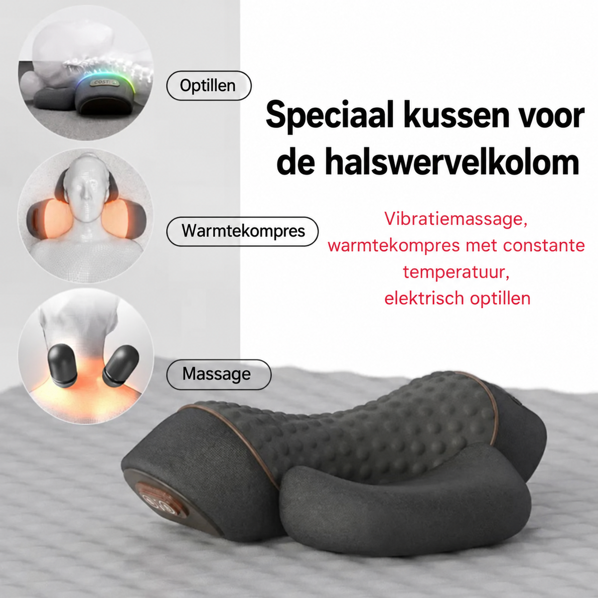 Overzicht van de drie functies van het nekmassagekussen: optillen, warmte en massage