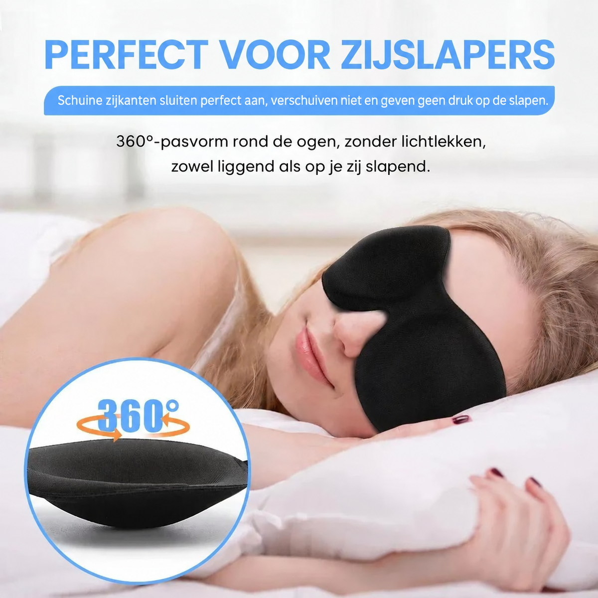 Vrouw slaapt op haar zij met het 3D-slaapmasker, sluit rondom aan zonder lichtlekken